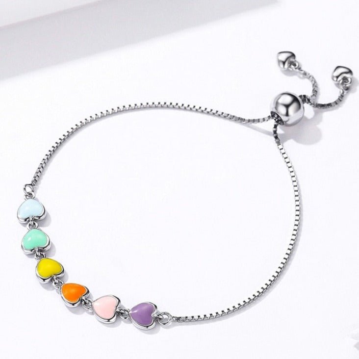 Pulseira Regulável Corações Coloridos Rainbow Prata