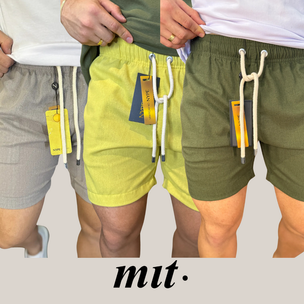 Kit 3 Shorts de Linho Cinza + Verde Limão + Verde Militar (Verão 24/25)