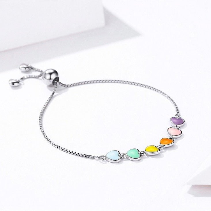 Pulseira Regulável Corações Coloridos Rainbow Prata